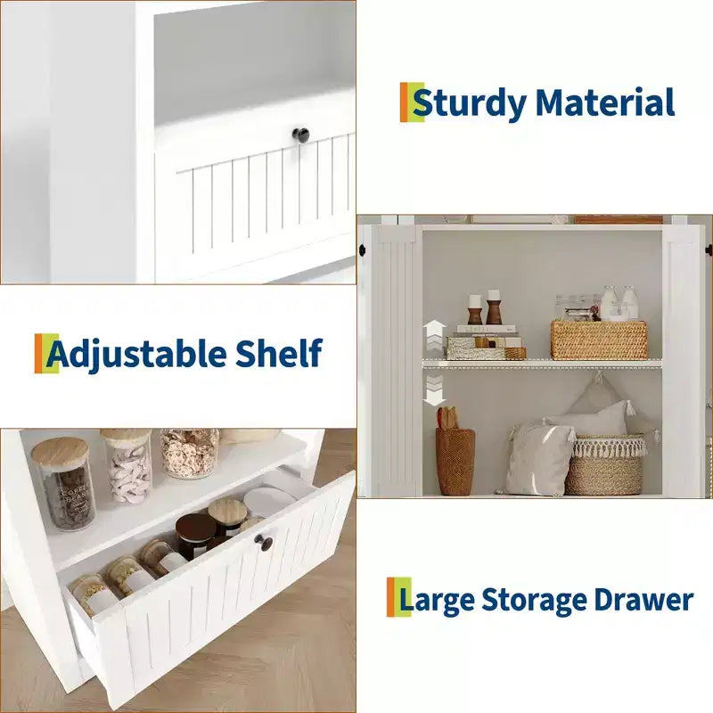 72 Tall Wood Arched Storage Cabinet, Kitchen Pantry with Open Display & Drawer, 6-Tier Standing Arched Bookcase & Cupboard with Adjustable