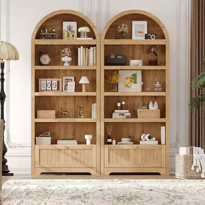 72 Tall Wood Arched Storage Cabinet, Kitchen Pantry with Open Display & Drawer, 6-Tier Standing Arched Bookcase & Cupboard with Adjustable