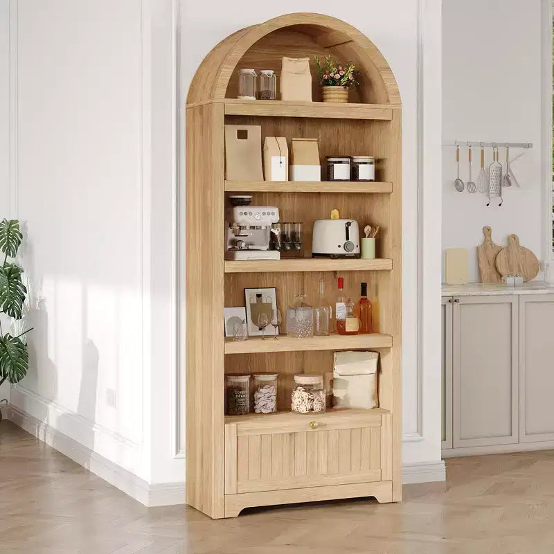 72 Tall Wood Arched Storage Cabinet, Kitchen Pantry with Open Display & Drawer, 6-Tier Standing Arched Bookcase & Cupboard with Adjustable