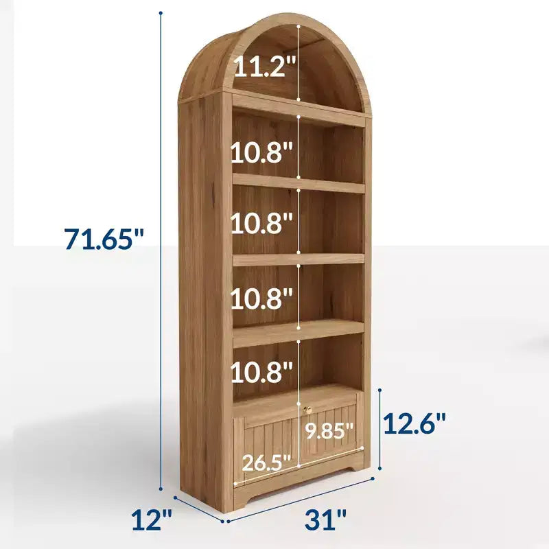 72 Tall Wood Arched Storage Cabinet, Kitchen Pantry with Open Display & Drawer, 6-Tier Standing Arched Bookcase & Cupboard with Adjustable