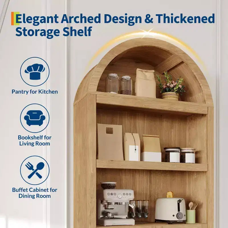 72 Tall Wood Arched Storage Cabinet, Kitchen Pantry with Open Display & Drawer, 6-Tier Standing Arched Bookcase & Cupboard with Adjustable