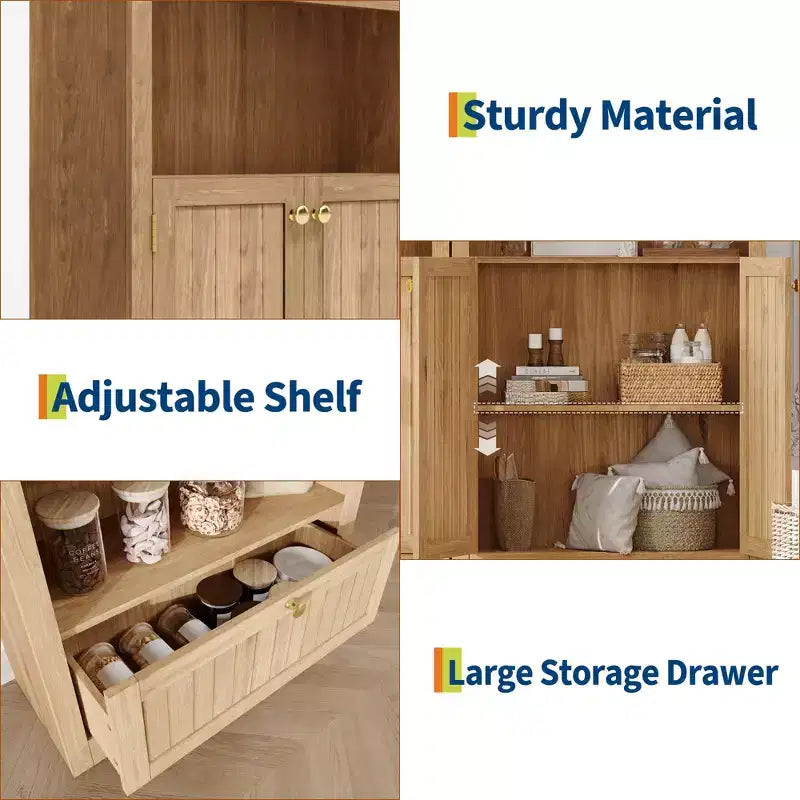 72 Tall Wood Arched Storage Cabinet, Kitchen Pantry with Open Display & Drawer, 6-Tier Standing Arched Bookcase & Cupboard with Adjustable