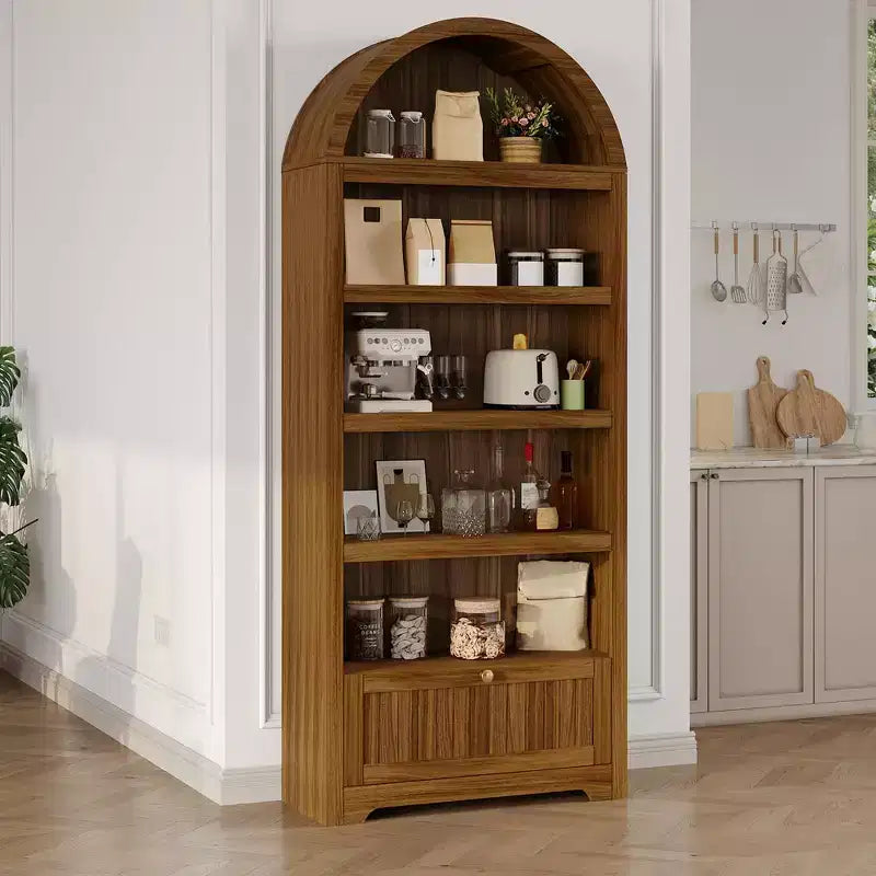 72 Tall Wood Arched Storage Cabinet, Kitchen Pantry with Open Display & Drawer, 6-Tier Standing Arched Bookcase & Cupboard with Adjustable