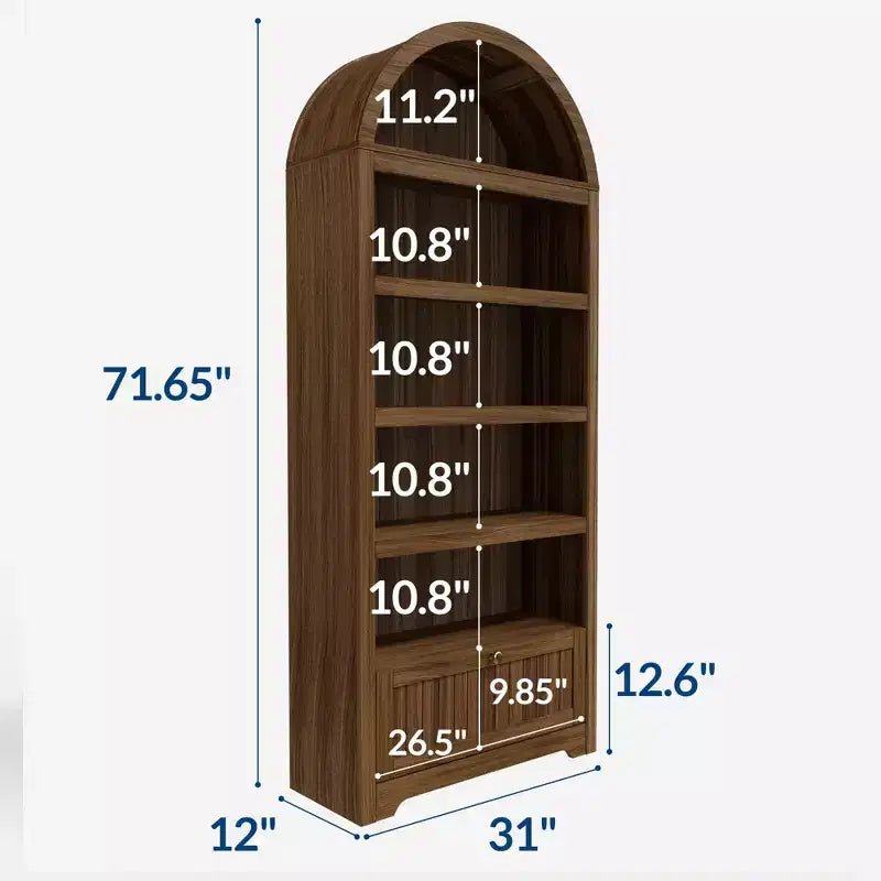 72 Tall Wood Arched Storage Cabinet, Kitchen Pantry with Open Display & Drawer, 6-Tier Standing Arched Bookcase & Cupboard with Adjustable