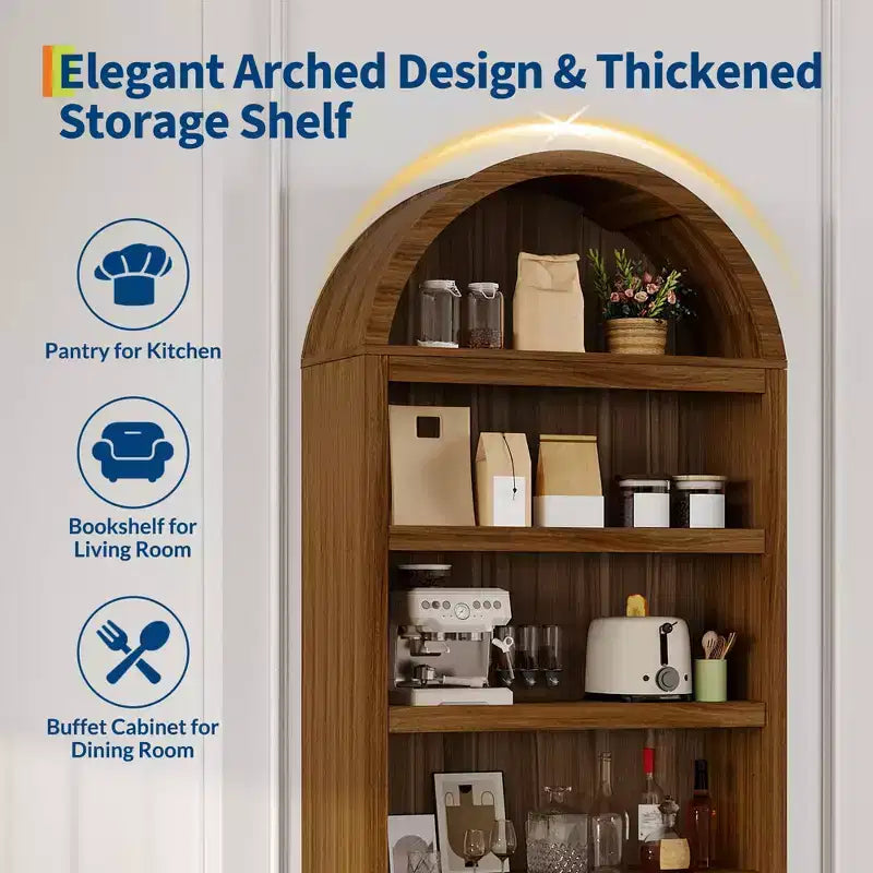 72 Tall Wood Arched Storage Cabinet, Kitchen Pantry with Open Display & Drawer, 6-Tier Standing Arched Bookcase & Cupboard with Adjustable
