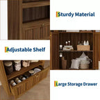 72 Tall Wood Arched Storage Cabinet, Kitchen Pantry with Open Display & Drawer, 6-Tier Standing Arched Bookcase & Cupboard with Adjustable