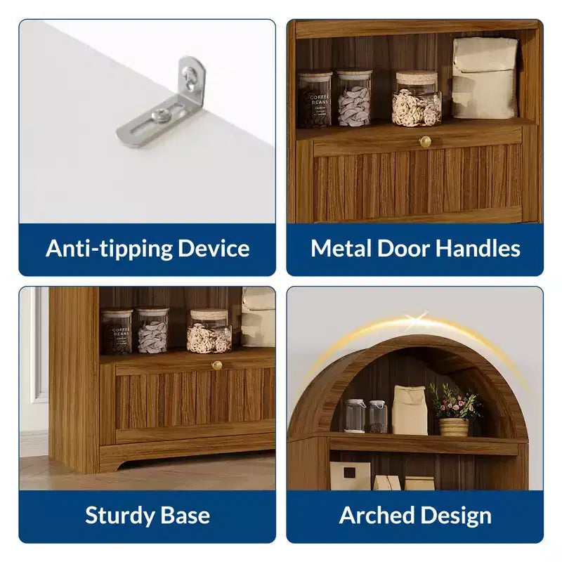 72 Tall Wood Arched Storage Cabinet, Kitchen Pantry with Open Display & Drawer, 6-Tier Standing Arched Bookcase & Cupboard with Adjustable