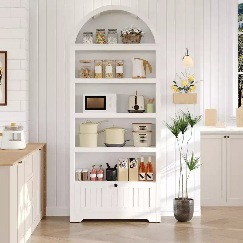 72 Tall Wood Arched Storage Cabinet, Kitchen Pantry with Open Display & Drawer, 6-Tier Standing Arched Bookcase & Cupboard with Adjustable