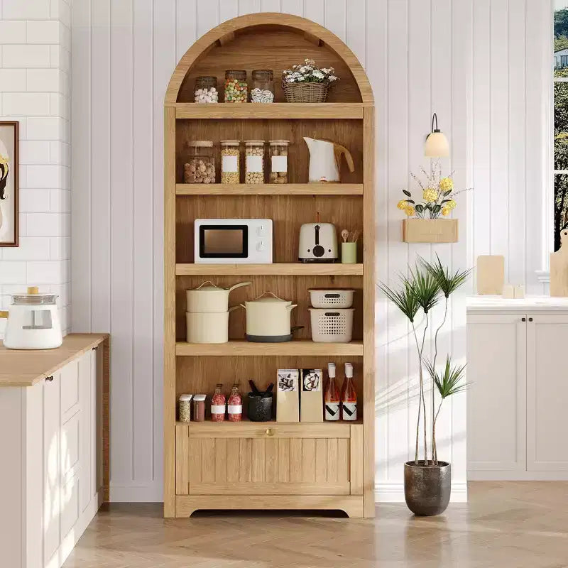 72 Tall Wood Arched Storage Cabinet, Kitchen Pantry with Open Display & Drawer, 6-Tier Standing Arched Bookcase & Cupboard with Adjustable