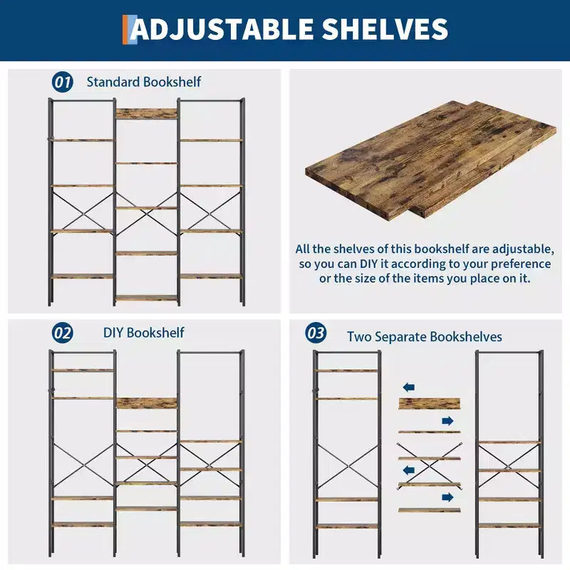 5 Tier Industrial Bookshelf - Adjustable Wood Shelves & Heavy Duty Metal Frame, 100Lbs Capacity, Wide Storage Organizer