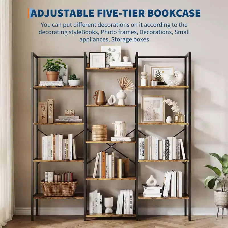 5 Tier Industrial Bookshelf - Adjustable Wood Shelves & Heavy Duty Metal Frame, 100Lbs Capacity, Wide Storage Organizer
