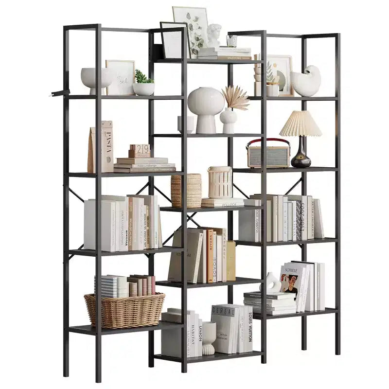 5 Tier Industrial Bookshelf - Adjustable Wood Shelves & Heavy Duty Metal Frame, 100Lbs Capacity, Wide Storage Organizer