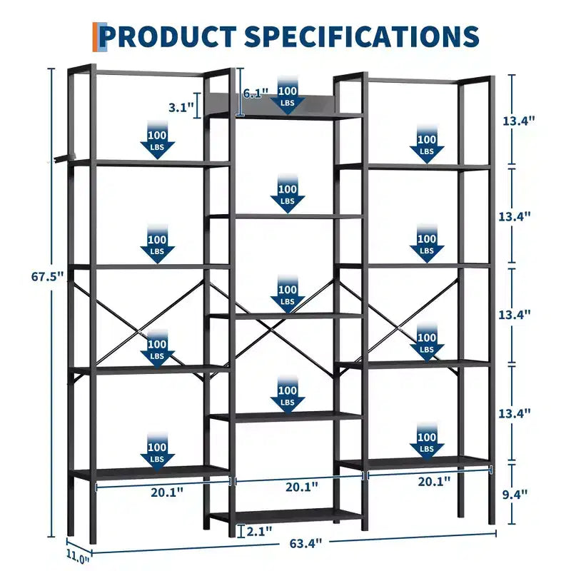 5 Tier Industrial Bookshelf - Adjustable Wood Shelves & Heavy Duty Metal Frame, 100Lbs Capacity, Wide Storage Organizer