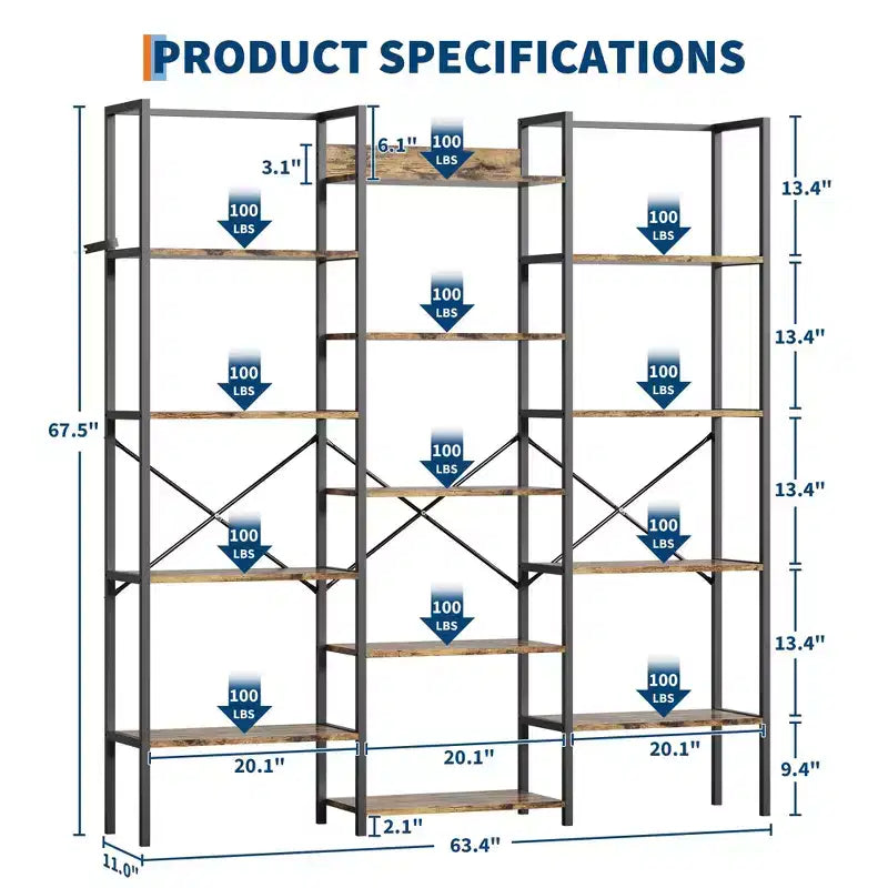 5 Tier Industrial Bookshelf - Adjustable Wood Shelves & Heavy Duty Metal Frame, 100Lbs Capacity, Wide Storage Organizer