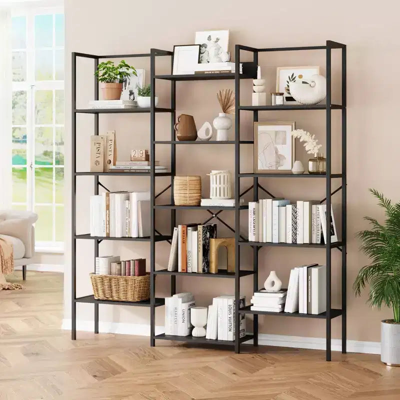 5 Tier Industrial Bookshelf - Adjustable Wood Shelves & Heavy Duty Metal Frame, 100Lbs Capacity, Wide Storage Organizer