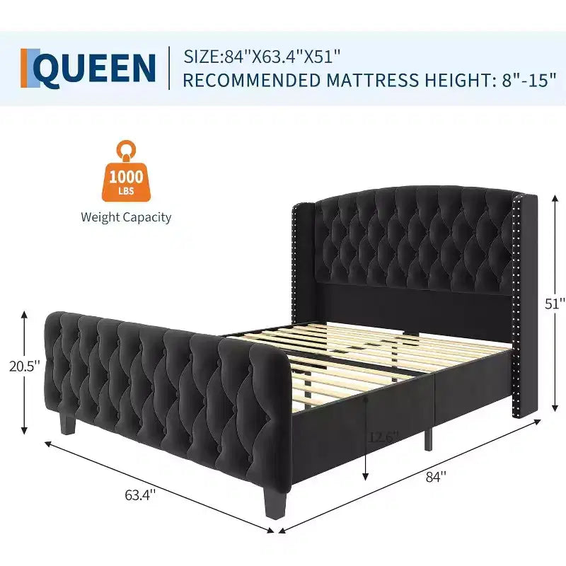 Acekool 51 Cream Velvet Queen Bed Frame - Wingback Headboard, Deep Button Tufting, No Box Spring Needed, Easy Assembly
