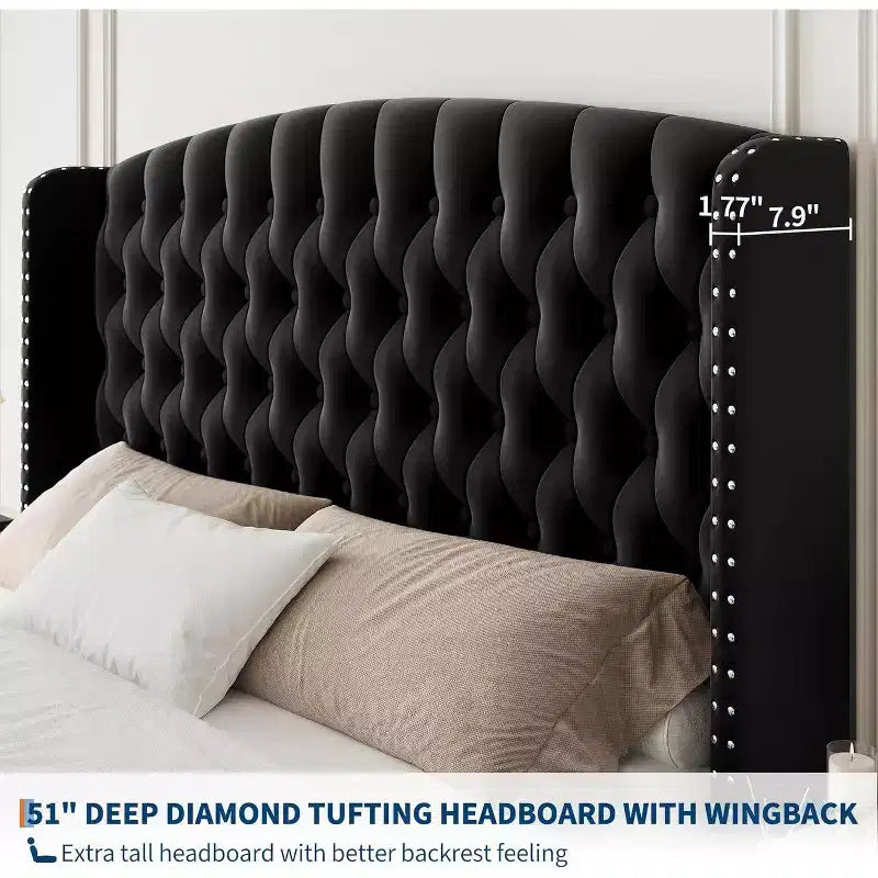 Acekool 51 Cream Velvet Queen Bed Frame - Wingback Headboard, Deep Button Tufting, No Box Spring Needed, Easy Assembly
