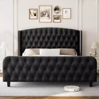 Acekool 51 Cream Velvet Queen Bed Frame - Wingback Headboard, Deep Button Tufting, No Box Spring Needed, Easy Assembly