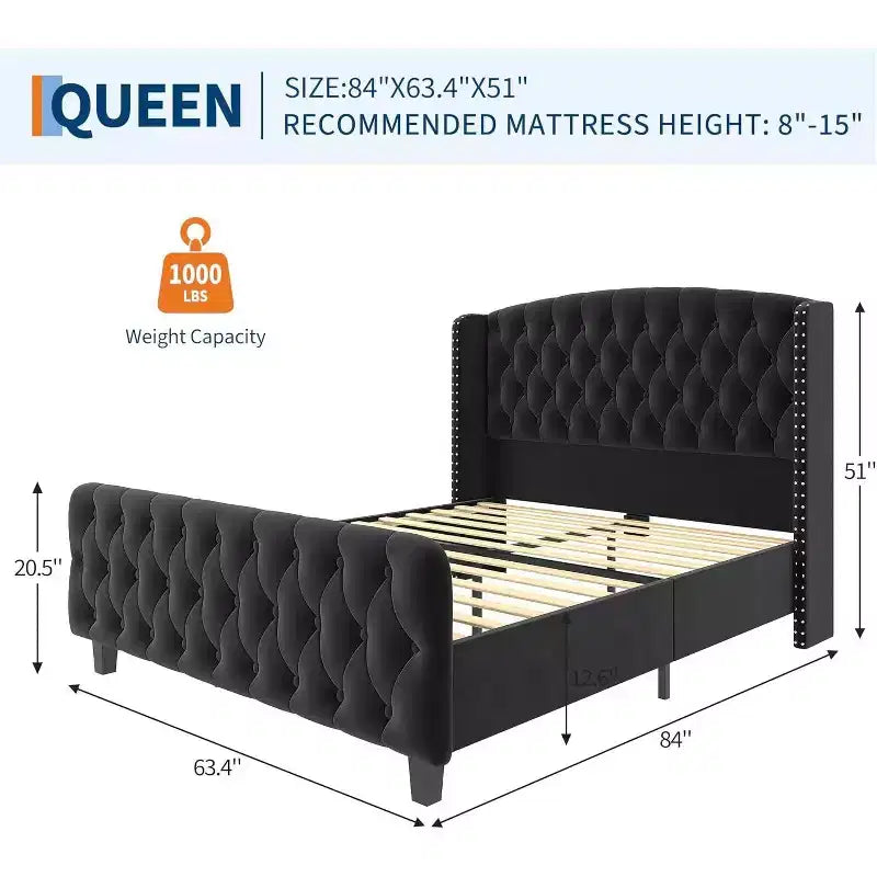 Acekool 51 Cream Velvet Queen Bed Frame - Wingback Headboard, Deep Button Tufting, No Box Spring Needed, Easy Assembly