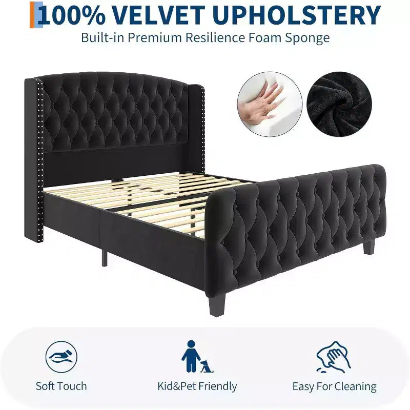 Acekool 51 Cream Velvet Queen Bed Frame - Wingback Headboard, Deep Button Tufting, No Box Spring Needed, Easy Assembly