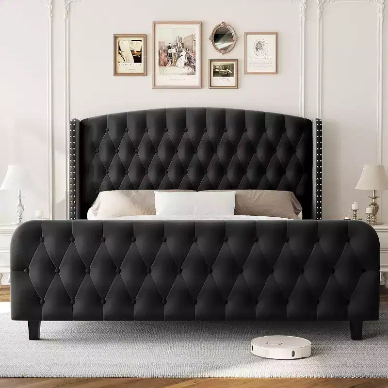 Acekool 51 Cream Velvet Queen Bed Frame - Wingback Headboard, Deep Button Tufting, No Box Spring Needed, Easy Assembly