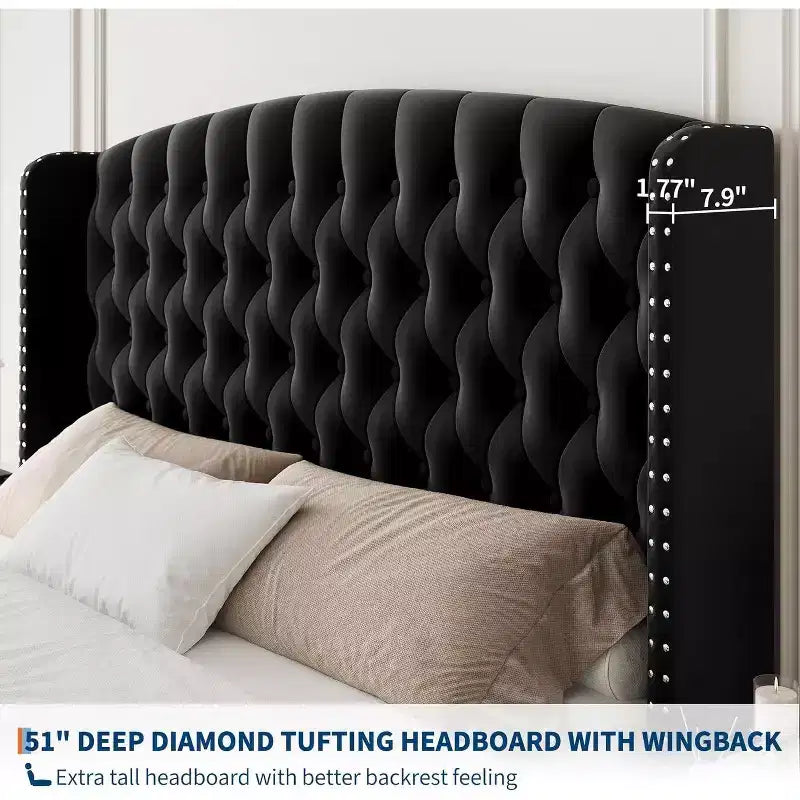 Acekool 51 Cream Velvet Queen Bed Frame - Wingback Headboard, Deep Button Tufting, No Box Spring Needed, Easy Assembly
