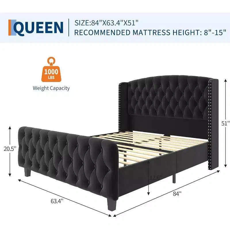 Acekool 51 Cream Velvet Queen Bed Frame - Wingback Headboard, Deep Button Tufting, No Box Spring Needed, Easy Assembly
