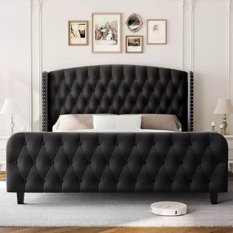 Acekool 51 Cream Velvet Queen Bed Frame - Wingback Headboard, Deep Button Tufting, No Box Spring Needed, Easy Assembly
