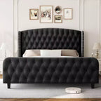 Acekool 51 Cream Velvet Queen Bed Frame - Wingback Headboard, Deep Button Tufting, No Box Spring Needed, Easy Assembly
