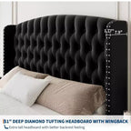 Acekool 51 Cream Velvet Queen Bed Frame - Wingback Headboard, Deep Button Tufting, No Box Spring Needed, Easy Assembly