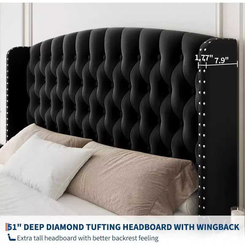 Acekool 51 Cream Velvet Queen Bed Frame - Wingback Headboard, Deep Button Tufting, No Box Spring Needed, Easy Assembly