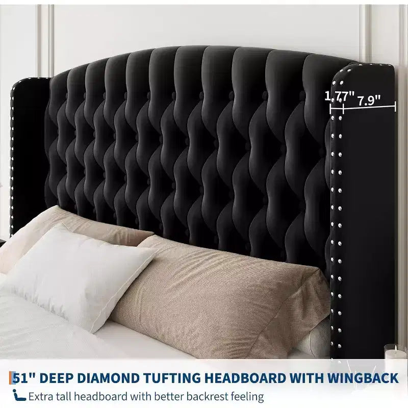 Acekool 51 Cream Velvet Queen Bed Frame - Wingback Headboard, Deep Button Tufting, No Box Spring Needed, Easy Assembly