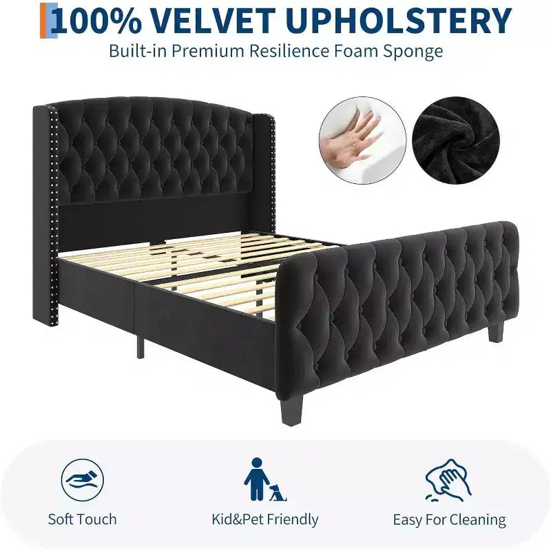 Acekool 51 Cream Velvet Queen Bed Frame - Wingback Headboard, Deep Button Tufting, No Box Spring Needed, Easy Assembly