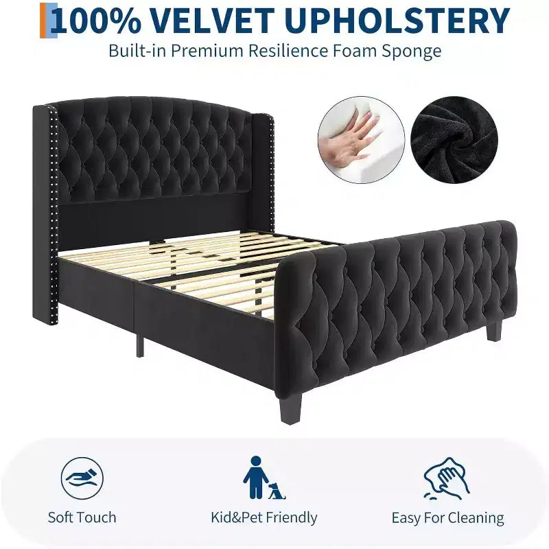 Acekool 51 Cream Velvet Queen Bed Frame - Wingback Headboard, Deep Button Tufting, No Box Spring Needed, Easy Assembly