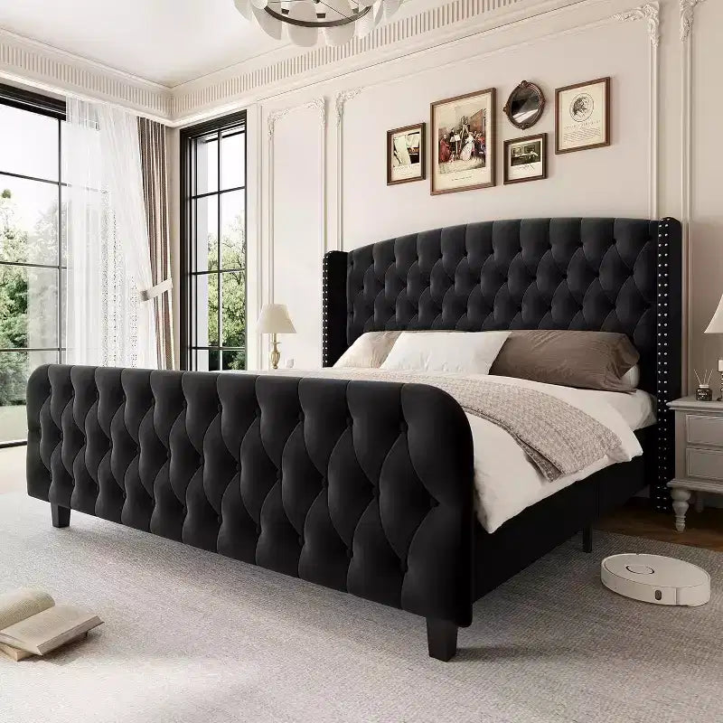 Acekool 51 Cream Velvet Queen Bed Frame - Wingback Headboard, Deep Button Tufting, No Box Spring Needed, Easy Assembly
