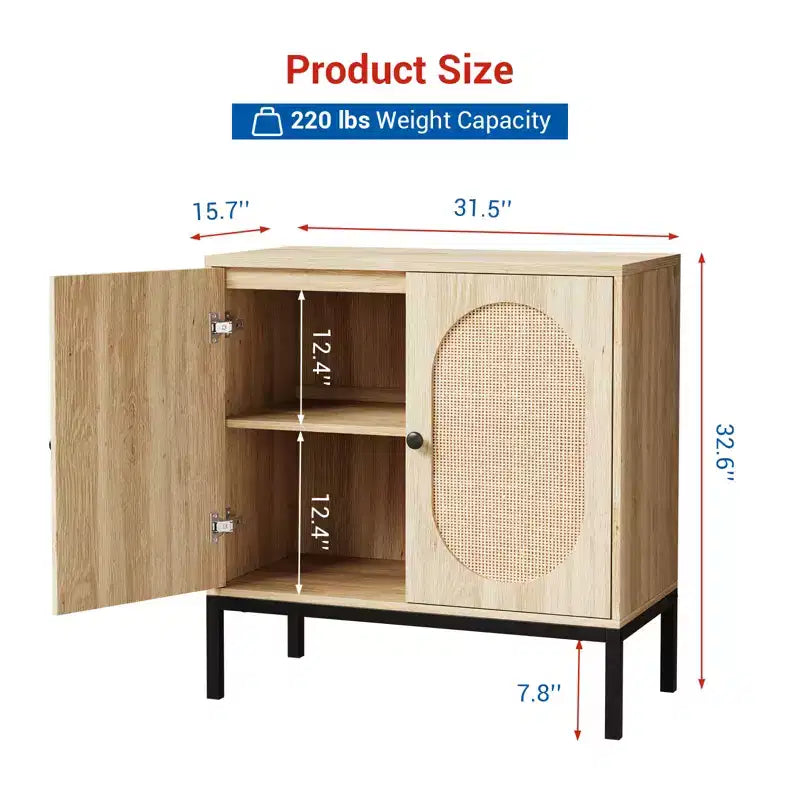 31.5 Sideboard Buffet Cabinet, Rattan Storage Cabinet with Adjustable Shelves, Kitchen Pantry Cabinet for Living Dining Room Entryway