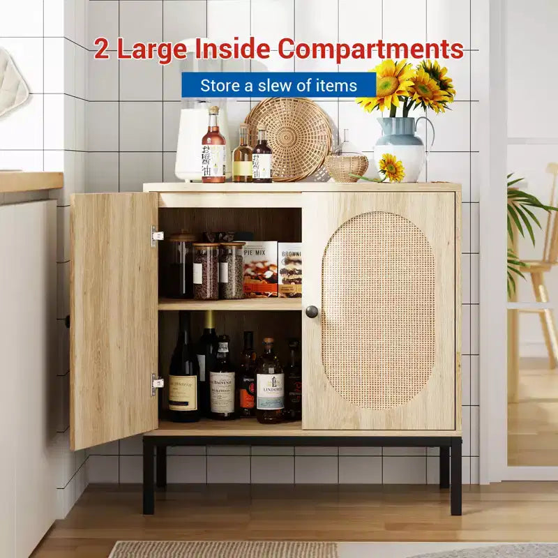 31.5 Sideboard Buffet Cabinet, Rattan Storage Cabinet with Adjustable Shelves, Kitchen Pantry Cabinet for Living Dining Room Entryway