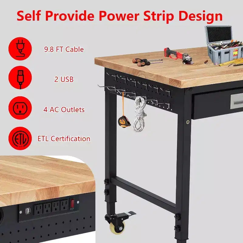 Workbench Adjustable Height 48 x 24 Worktable, Heavy Duty Rubber Wood Top Workbench with Drawer Storage Pegboard, 2000LBS Load Capacity,Tool Storage