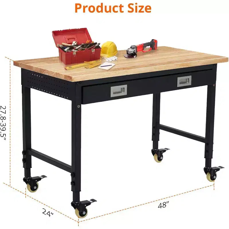 Workbench Adjustable Height 48 x 24 Worktable, Heavy Duty Rubber Wood Top Workbench with Drawer Storage Pegboard, 2000LBS Load Capacity,Tool Storage