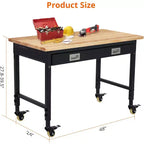 Workbench Adjustable Height 48 x 24 Worktable, Heavy Duty Rubber Wood Top Workbench with Drawer Storage Pegboard, 2000LBS Load Capacity,Tool Storage