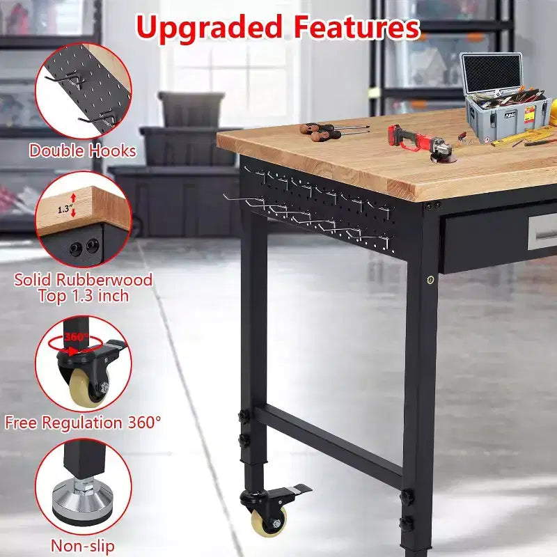 Workbench Adjustable Height 48 x 24 Worktable, Heavy Duty Rubber Wood Top Workbench with Drawer Storage Pegboard, 2000LBS Load Capacity,Tool Storage