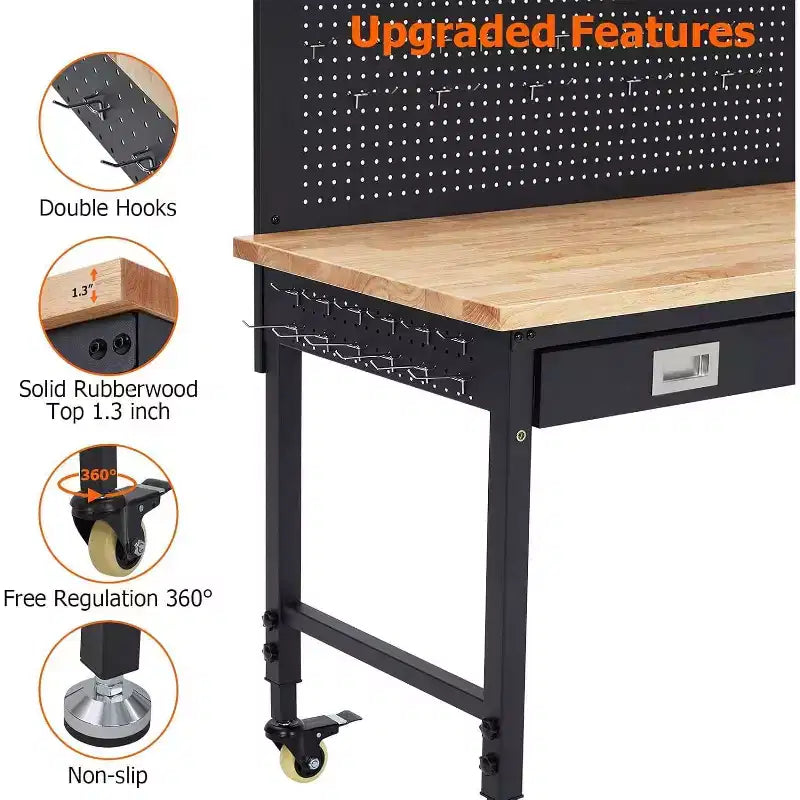 Workbench Adjustable Height 48 x 24 Worktable, Heavy Duty Rubber Wood Top Workbench with Drawer Storage Pegboard, 2000LBS Load Capacity,Tool Storage