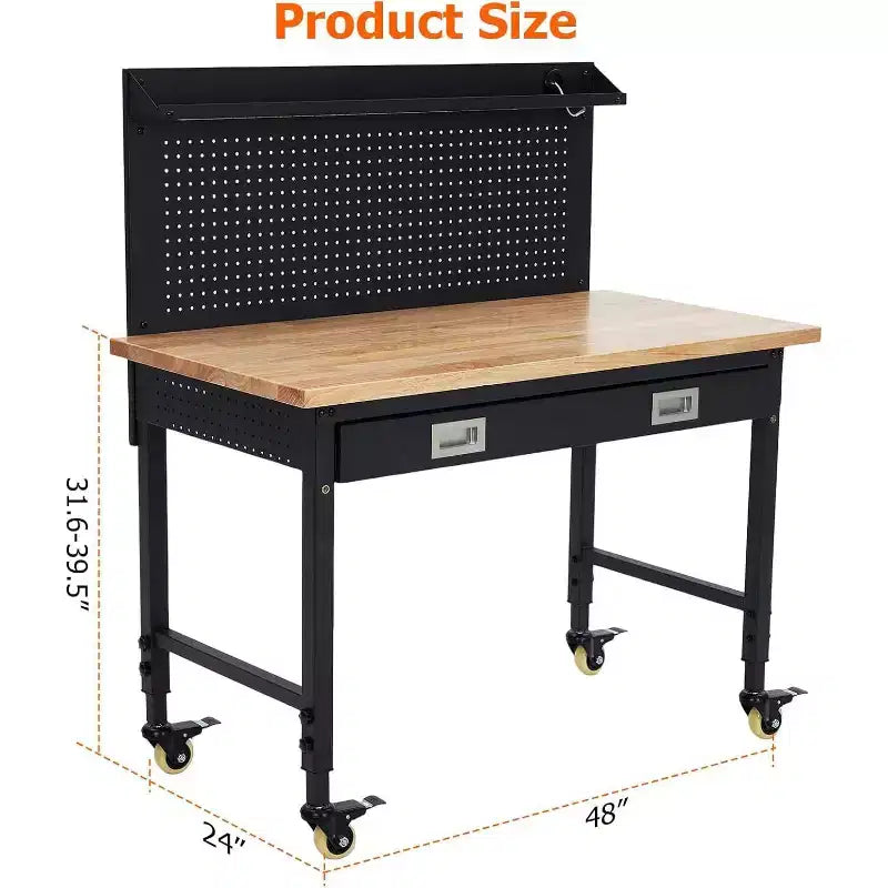 Workbench Adjustable Height 48 x 24 Worktable, Heavy Duty Rubber Wood Top Workbench with Drawer Storage Pegboard, 2000LBS Load Capacity,Tool Storage