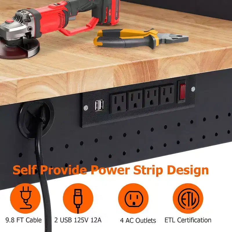 Workbench Adjustable Height 48 x 24 Worktable, Heavy Duty Rubber Wood Top Workbench with Drawer Storage Pegboard, 2000LBS Load Capacity,Tool Storage