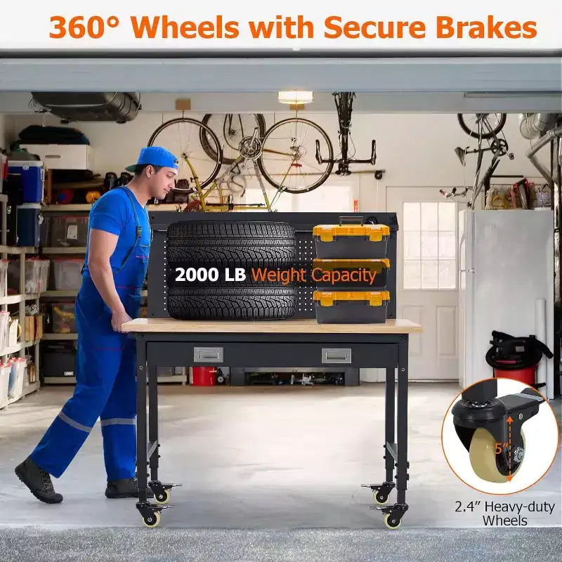 Workbench Adjustable Height 48 x 24 Worktable, Heavy Duty Rubber Wood Top Workbench with Drawer Storage Pegboard, 2000LBS Load Capacity,Tool Storage