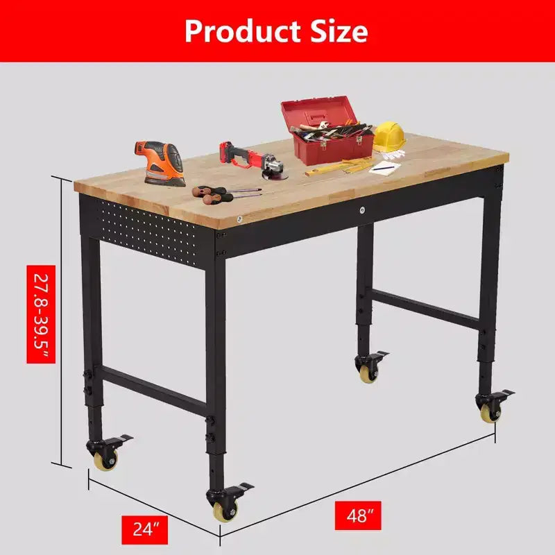 Workbench Adjustable Height 48 x 24 Worktable, Heavy Duty Rubber Wood Top Workbench with Drawer Storage Pegboard, 2000LBS Load Capacity,Tool Storage