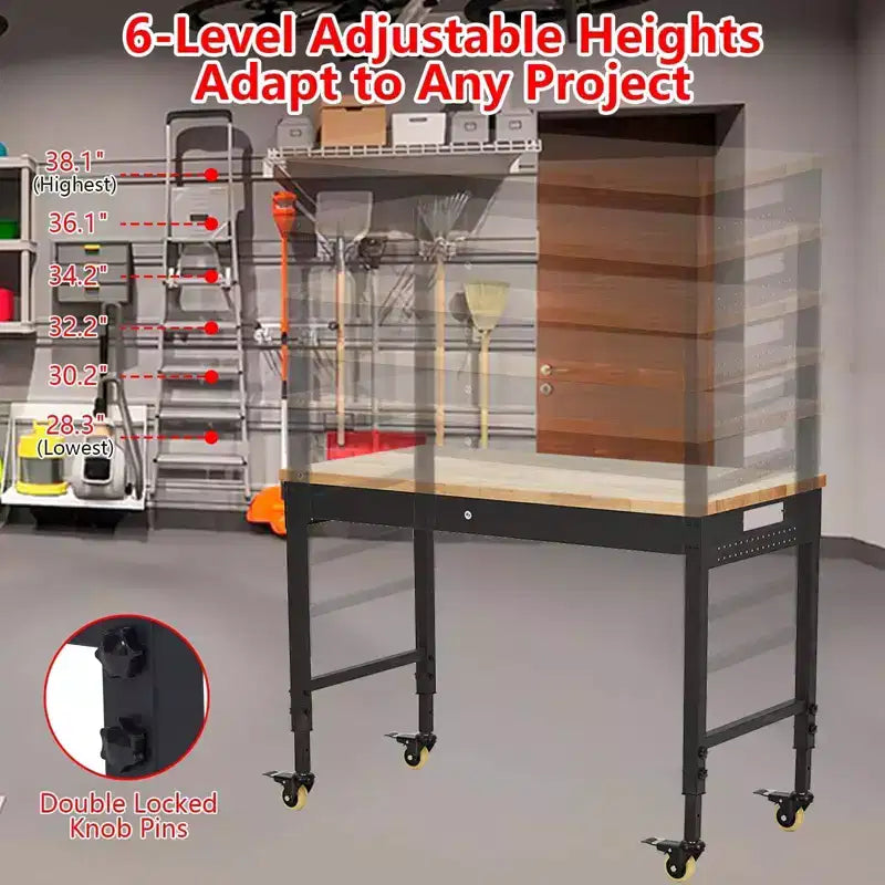 Workbench Adjustable Height 48 x 24 Worktable, Heavy Duty Rubber Wood Top Workbench with Drawer Storage Pegboard, 2000LBS Load Capacity,Tool Storage
