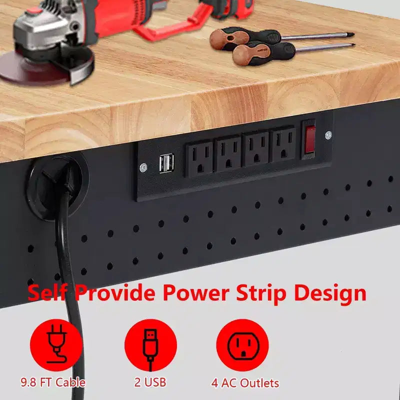 Workbench Adjustable Height 48 x 24 Worktable, Heavy Duty Rubber Wood Top Workbench with Drawer Storage Pegboard, 2000LBS Load Capacity,Tool Storage