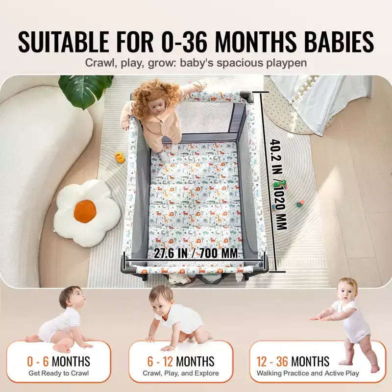 VEVOR Baby Playpen Travel Crib, Quick-Folding Playpen for Baby & Toddler,Portable Baby Fence Play Yard with Wheels,Breathable Mesh & Travel Bag, Gray