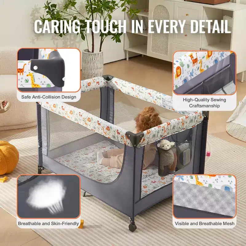 VEVOR Baby Playpen Travel Crib, Quick-Folding Playpen for Baby & Toddler,Portable Baby Fence Play Yard with Wheels,Breathable Mesh & Travel Bag, Gray